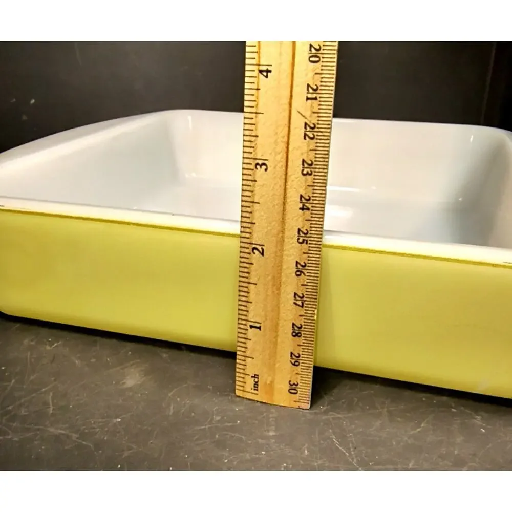 1810.  Glasbake Milk Glass Square Yellow Baking Dish Cake Pan J-257 Vintage